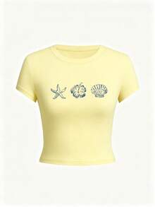 Summer Mother's Day New Fashionable Versatile Casual Shell & Starfish Beach Print Round Neck Short Sleeve T-Shirt For Women Vacation - Yellow - View 5