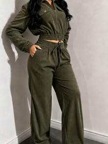 Women's Velvet Pants And Jacket Set - Army Green - View 1