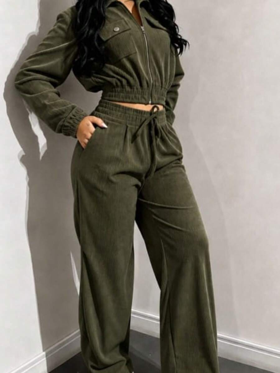 Women's Velvet Pants And Jacket Set - Army Green - View 1