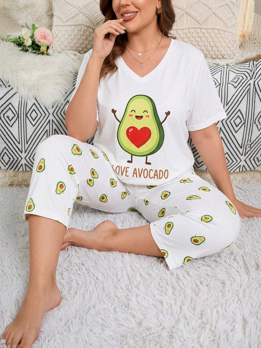 Damen-Pyjama-Set in großen Größen, süßes Avocado-Herz-Muster Loungewear-Set, Kurzarm-Top + Hose 2 Stücke Set - Weiss - Übersicht 1