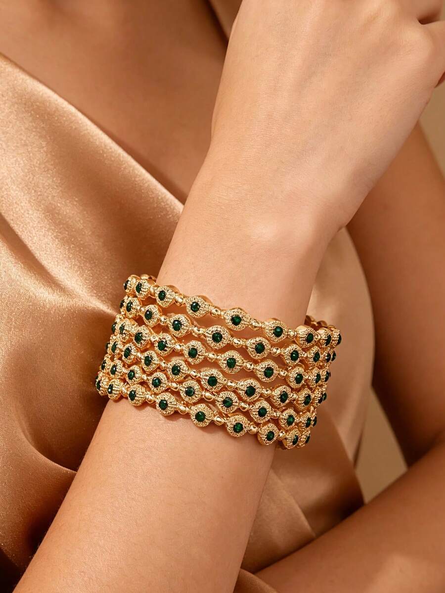 6pcs Fashionable Rhinestone Inlaid Bracelet Set,Alloy Bangles For Women's Daily Wear,Traditional Middle East Wedding Jewelry Accessories - 6pcs - View 1