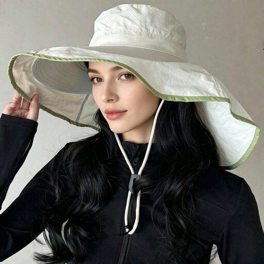 1pc New Style Outdoor Sun Protection Hat For Women, Summer UV Protection Neck Cover Shawl Hiking Bucket Hat, Wide Brim Sun Hat - Multicolor - View 1