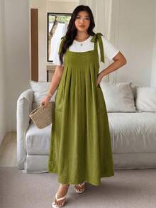 女款大尺碼綠色細肩帶長洋裝，長版喇叭下擺，附口袋，休閒優雅夏季洋裝 - 軍綠色 - 查看 4