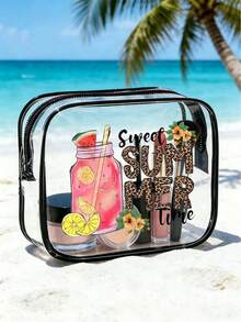 1pc Black PVC Transparent Makeup Organizer Bag, Printed With "Sweet Summer Time" Letter Pattern And Pink Soda Pattern, Premium Quality Durable, Waterproof And Stain-Resistant, Easy To Wipe Clean - Multicolor - View 1