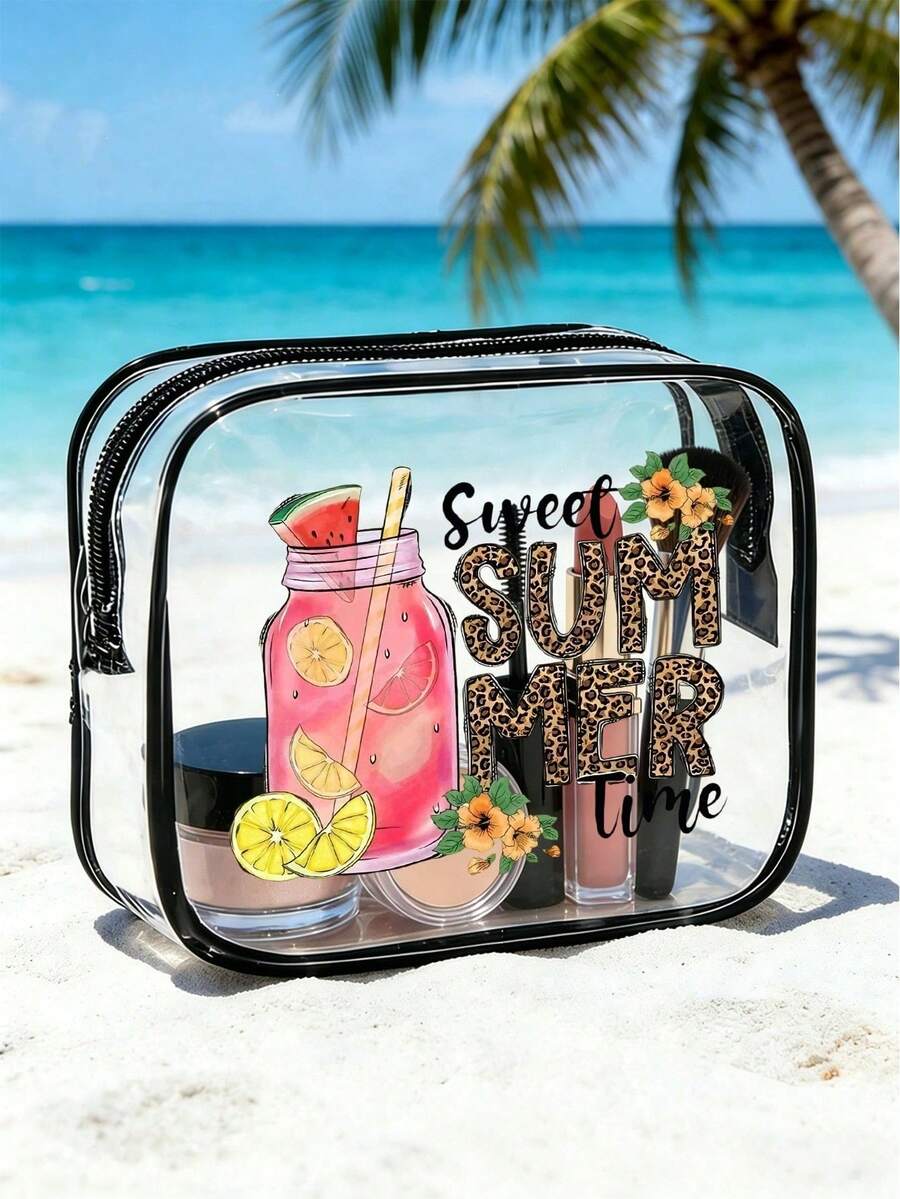 1pc Black PVC Transparent Makeup Organizer Bag, Printed With "Sweet Summer Time" Letter Pattern And Pink Soda Pattern, Premium Quality Durable, Waterproof And Stain-Resistant, Easy To Wipe Clean - Multicolor - View 1