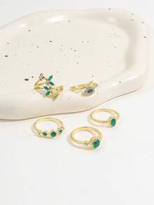 5PCS Fashion Versatile Faux Emerald Snake-Shaped Rhinestone Ring Set, Multi- Butterfly & Teardrop Rhinestone Rings For Women - Gold - View 4