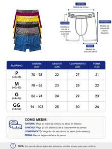 5 Cuecas boxer masculinas para uso diário, com tecido plano, elasticidade média e cós elástico estiloso forro em algodão Premium - Multicolorido - Visão 11