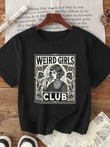 local warehouse,Camiseta casual de manga corta con estampado gráfico vintage para chicas de talla grande, moda primavera/verano en color negro - Negro - Ver 1
