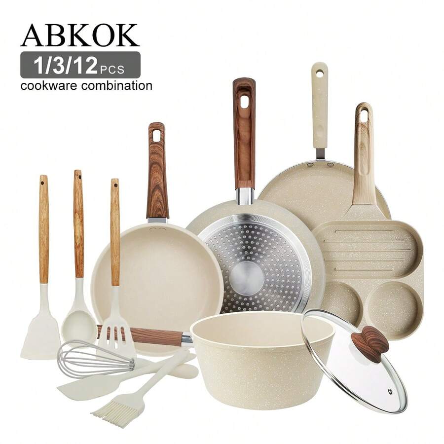 ABKOK 1件/3件/12件套不粘锅具套装,带木柄 - 包括煎锅、炖锅、早餐/煎饼锅和硅胶厨具(方便悬挂设计,通用炉灶适用,易于清洁) - 米色 - 查看 1