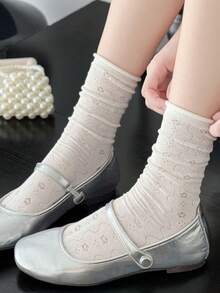 1/5 Đôi tất ren móc trắng, tất cổ ngắn mỏng cho mùa hè, phù hợp với giày Mary Jane; tất ren mỏng thoáng khí; tất cổ ngắn kiểu ba lê khoét rỗng màu trắng; tất lưới mỏng đa năng dài đến giữa bắp chân, tất ren hình trái tim cho nữ - Nhiều màu - Xem 5