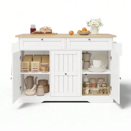 Mobile Kitchen Island With Folding Worktop, Serving Trolley And Storage Cabinet, With 2-Tier Vertical Drawers, 2 Large Drawers And Lockable Casters, 120 * 45 (70) * 92 Cm. - Natural Color - View 1