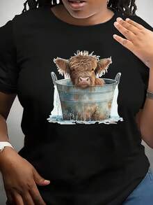 Camiseta con diseño de vaca y barril lindo. Poliéster suave. - Negro - Ver 1