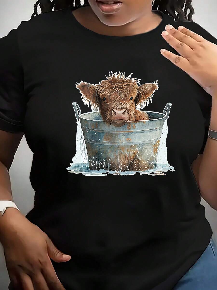 Camiseta con diseño de vaca y barril lindo. Poliéster suave. - Negro - Ver 1