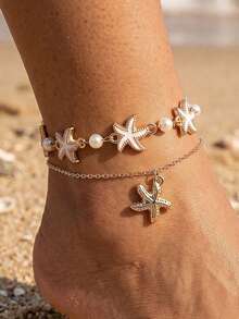 1pc Bohemian Style Starfish & Faux Pearl Layered Gold Chain Anklet, Versatile Beach Vacation Accessory - Multicolor - View 1