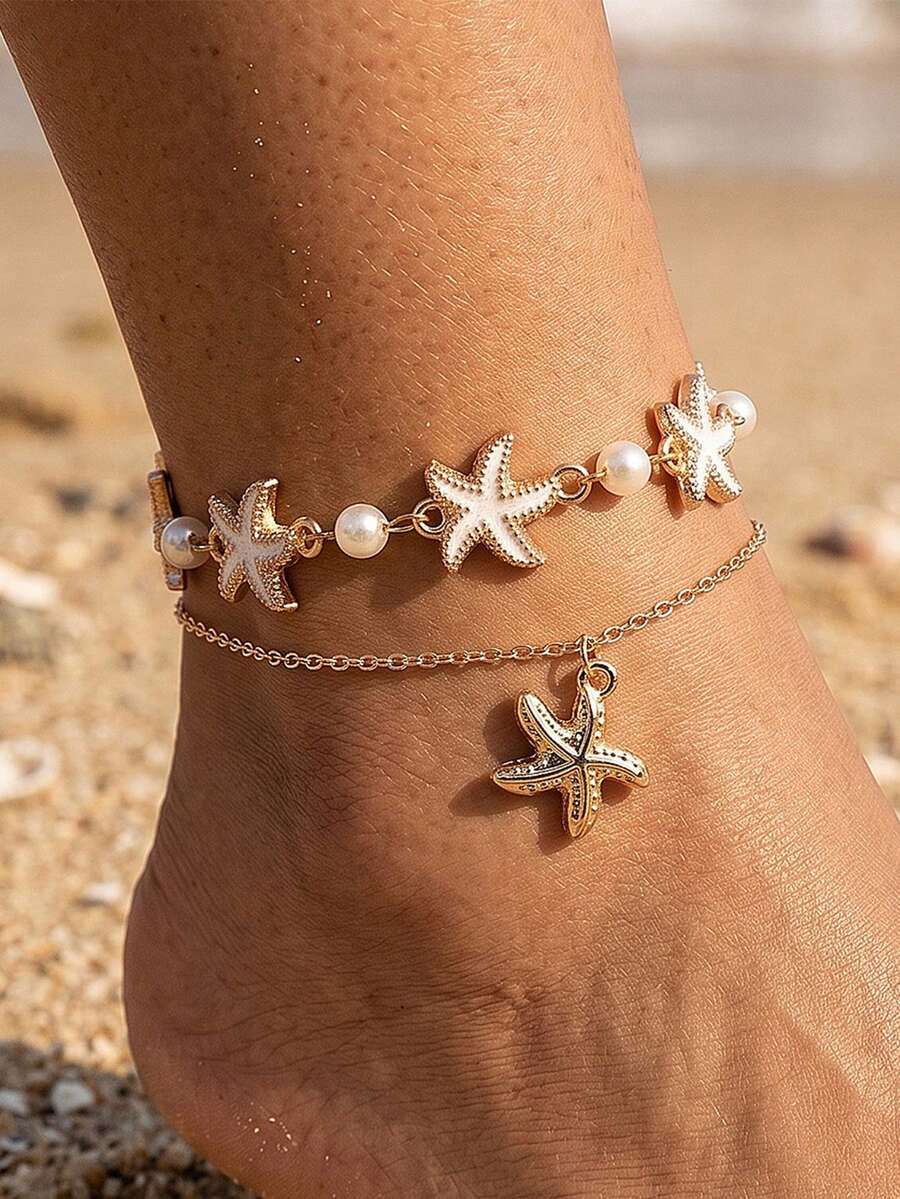 1pc Bohemian Style Starfish & Faux Pearl Layered Gold Chain Anklet, Versatile Beach Vacation Accessory - Multicolor - View 1