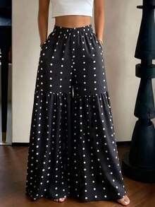 Women's Elegant Polka Dot Print Wide Leg Pants, Comfortable Loose Fit, Suitable For All Seasons Vacation, Resort Wear - Black and White - View 3