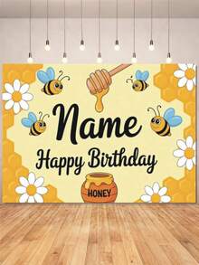 1pc Customizable Bee Themed Birthday Party Backdrop, Cute Cartoon Honeycomb Daisy Personalized Birthday Party Name Design Party Banner Decoration Prop, Vinyl,Party Top, Vibrant Party Banner - E - View 2