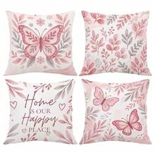 MEMNUN 4pcs Peach Grey Bohemian Butterfly Floral Heart Text Print Pattern Throw Pillow Covers [Pillow Insert Not Included] 45*45cm/50*50cm/40*40cm [Single-Sided Print] "Home Is Our Happy Place" Warm Slogan Pink Romantic Floral Cushion Covers Room Decor, Home Decor, Bedroom Decor, Room Decoration Stuff For Sofa, Bed, Living Room, Bedroom, Car, Office, Hotel Decoration Throw Pillow Covers All Seasons Suitable Perfect Gift For Family And Friends - Multicolor - View 4