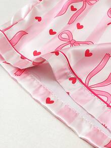Striped Bow Print Plus Size Women's Satin Short Sleeve Shorts Pajama Set - Pink - View 7