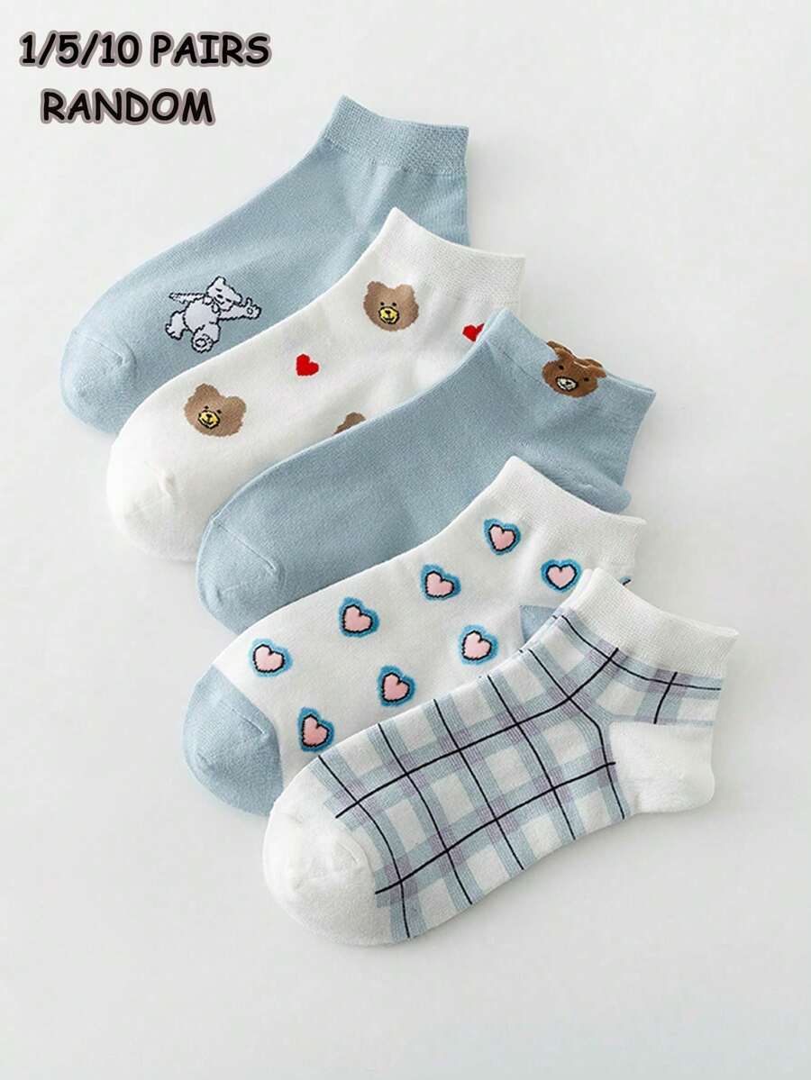 1/5/10 Pairs Random Assorted Cute Cartoon Bear Heart Comfortable Short Socks - Multicolor - View 1