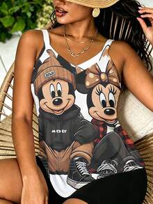 Disney, Mickey And Minnie Mouse Couple In Hoodies And Sneakers Print, V-Neck Spaghetti Strap Top, Casual Outfit For Women - 彩色 - 查看 4