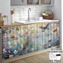1 pieza, Decoración del hogar, Falda de mesa con estampado de mariposa, Cortina pequeña de cocina, Cubierta de gabinete de cocina, Con agujeros para cortina, Fácil de colgar, Rectangular, Tejido a máquina, Lavable a máquina, Decoración y accesorios de cocina, Perfecto para gabinetes de cocina y decoración del hogar - Multicolor - Ver 2