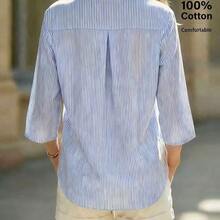 LunaCass8  Camisa de algodón casual de mujer con cuello en V y mangas 3/4 a rayas - Negro01 - Ver 3