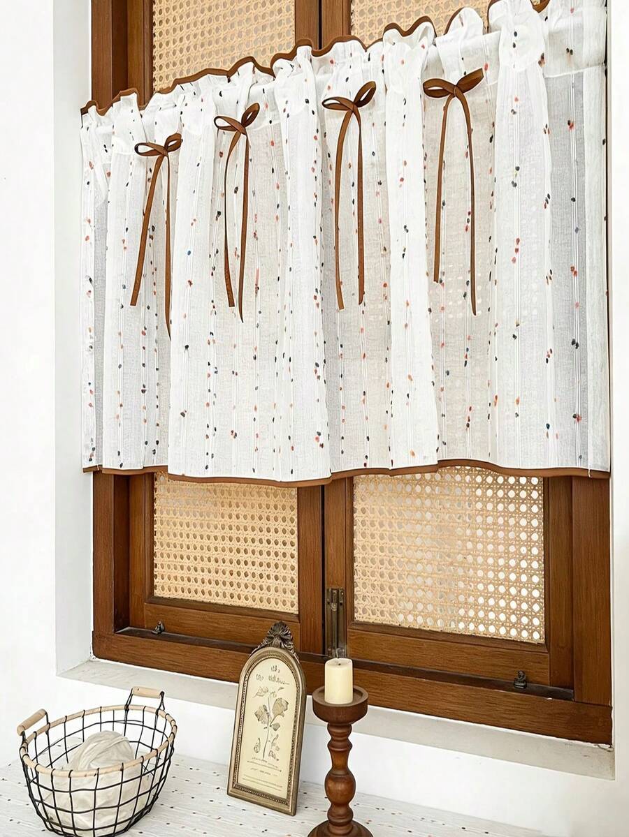 1PC New Beige Candy Bean Linen Edged Short Curtain, Kitchen Multi-Purpose Translucent Decorative Curtain With Rod Pocket Design, Small Window Curtain, Kitchen Cafe Curtain, Fresh Style Finished Rod Pocket Short Curtain - Beige - View 1