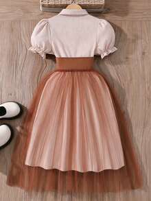 Tween Girl' Solid Color Short Sleeve Collared Waist Bow Mesh Patchwork Dress - Brown - View 2