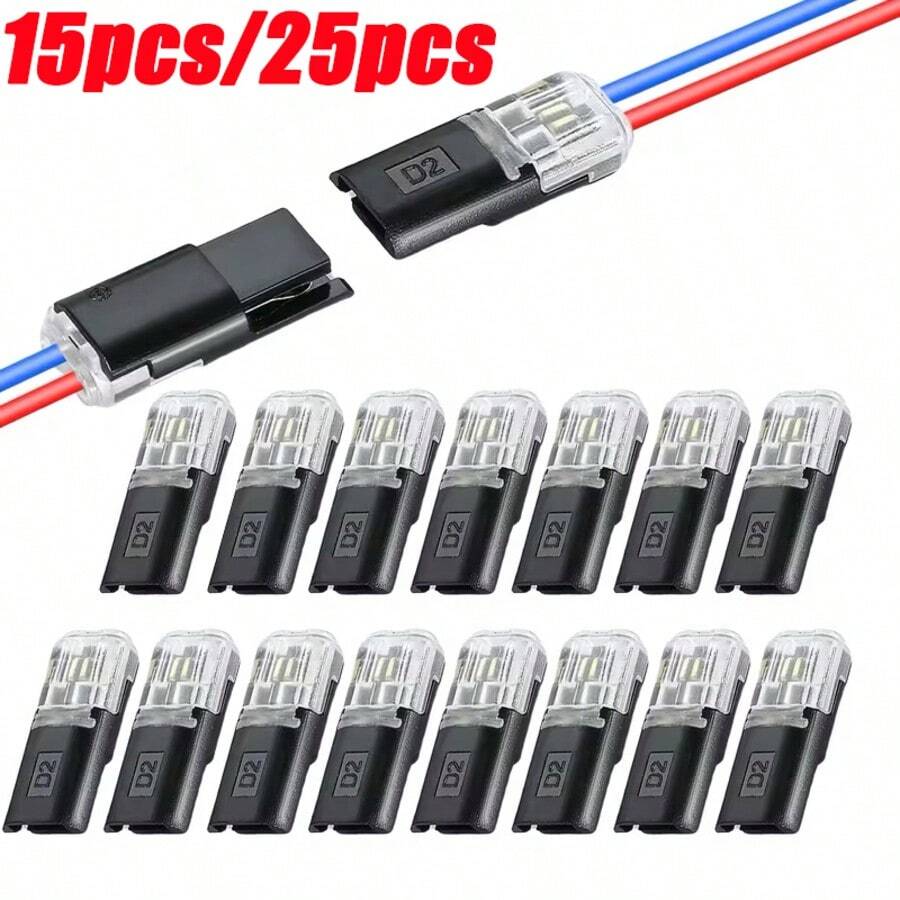 15pcs/25pcs D2 Double-Line Interlocking Detachable LED Connectors That Require No Soldering, Featuring Quick-Connect Terminals, 2-Pin Bidirectional Plug-In Cable Clips, No Stripping Needed, DC Lock Cover, Suitable For 18-22 AWG Wires,Home Improvement - Black - View 1