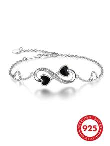 1pc S925 Sterling Silver Women's Infinity Heart Bracelet, Inlaid With Black Diamonds, Hypoallergenic, Suitable For Women's Daily Wear, Perfect Gift For Mother's Day, Christmas, Valentine's Day Or Birthday, Comes With Gift Box. - Silver - View 3