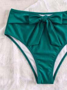 Conjunto de Bikini Casual Elegante Verde con Fruncido y Nudo, Tirantes Gruesos y Sexy para Mujeres, para Vacaciones de Playa en Primavera y Verano - Verde Oscuro - Ver 5
