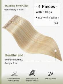 DNE HAIR 4件裝直髮夾式真人髮片，8個夾片雙層隱形設計，P27/613# 金色與金黃色挑染真髮，12-18英吋，耐用防脫髮，柔軟厚實質感，適合全頭佩戴，日常造型、節日與季節使用 - S27/613 - 查看 3