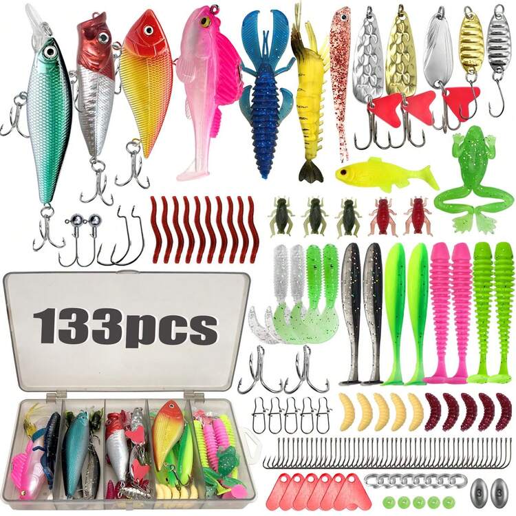 bass lure kits for sale 24-Piece Fishing Kit Tackle Box Set - Premium Lures Variety Pack with Poppers, Minnows, Frogs & Soft Baits one assortment gives you seven of their deadliest and most popular soft Fishing Gear Bass Tackle For