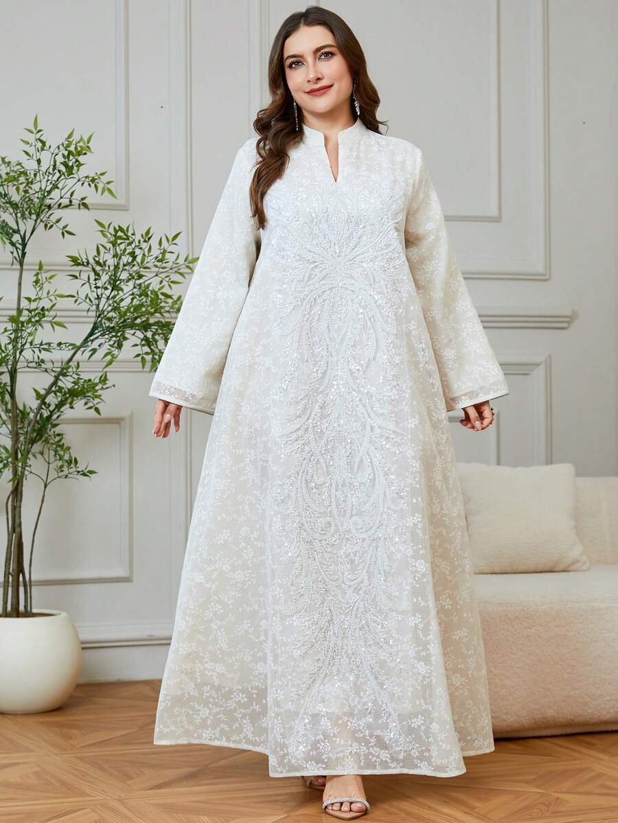 優雅女款節慶新款長版大尺碼卡夫坦長袍 V 領刺繡下擺拼接重工串珠貼花 Jalabiya 連身裙 秋季 - 杏色 - 查看 1