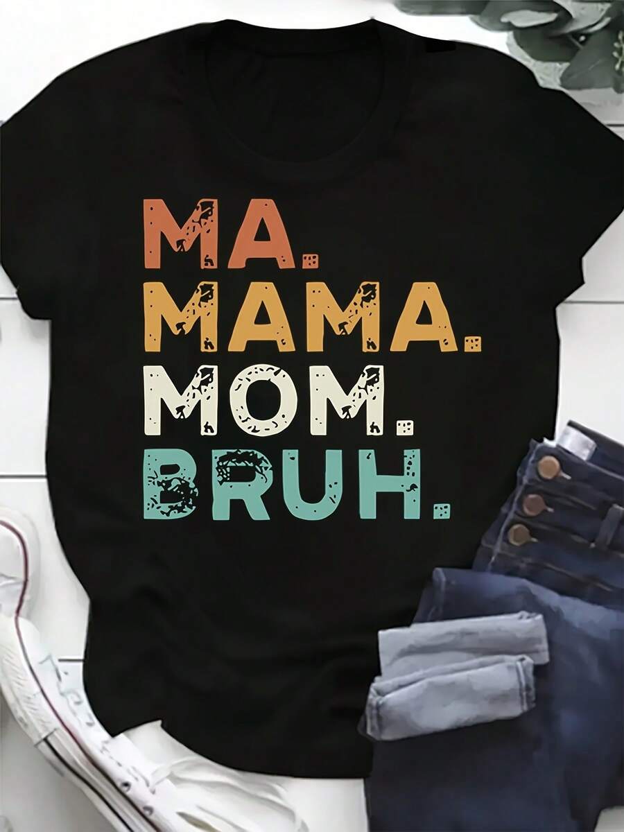 Plus Size - Plus Size - MAMAMAMOMBRUH Casual Short Sleeve T-Shirt - 黑色 - 查看 1