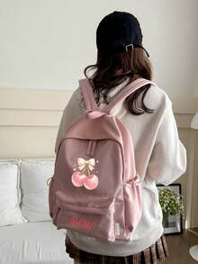 1 pieza Mochila personalizada de gran capacidad para volver a la escuela, versátil con estampado de lazo lindo & cereza, cierre de cremallera, material de nylon, correas de hombro ajustables, portátil a mano, adecuada para la escuela, el transporte, las compras, los viajes al aire libre. Regalo de cumpleaños. - Multicolor - Ver 8