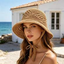 Women Crochet Bucket Hat Solid Color Cutout Breathable Knitted Beach Hat Sun Hat Spring Summer Bucket Caps - 卡其色 - 查看 3