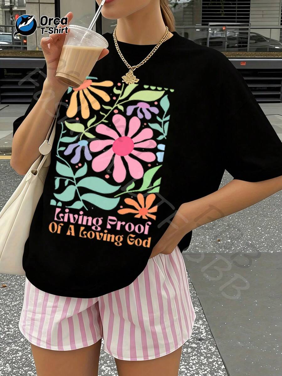 1 camiseta de manga corta informal de algodón 100% para mujer con estampado de limones de la de Amalfi, ideal para salidas diarias, uso en casa o como regalo para mujer. - Negro - Ver 1