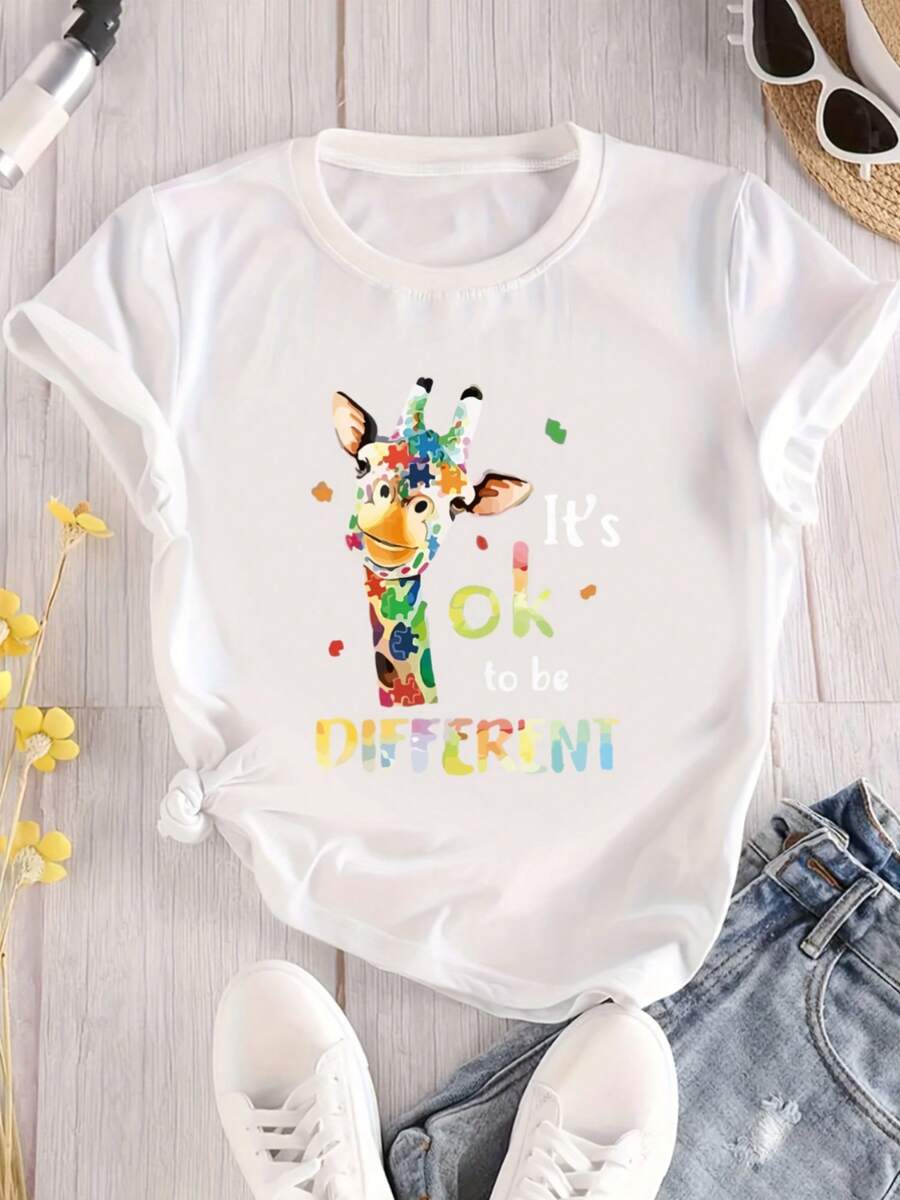 Colored T-Shirt With Deer Print And The Word OK, Round Neck, Large Size. - Black - View 1