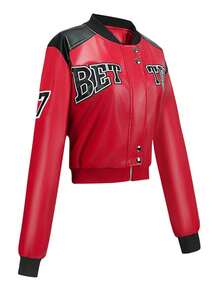 Women's Red PU Leather Motorcycle Jacket With Zipper And Embroidery, Short Baseball Collar Long Sleeve Street Style - Red - View 4