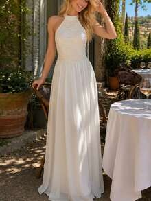 Daleeva Women's Solid Color Halter Neck Long Dress, Lace Top With Chiffon Skirt, Suitable For Vacation And Evening Occasions Elegant - White - View 4