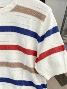 Summer Fashion Hollow Striped Contrast Color Short Sleeve T-Shirt, Casual Loose Knit Top White - White - View 4