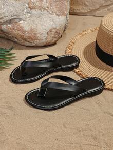 1 Pair Kids Flip Flops, Solid Color Soft PU Woven Strap, Round Toe Toe-Post Flat Bottom Non-Slip Slip-On Design, Fashion Minimalist Vacation Style Beach Sandals, Suitable For Boys And Girls Daily Casual Beach Holiday Party, New Mixed Style - Black - View 7