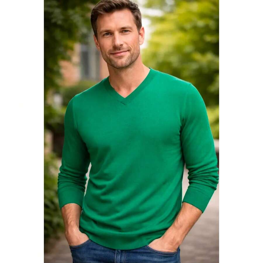 Men's Cold Weather Sweater | Men's Knit Sweater | Winter Knit Wool Pullover Long Sleeve V-Neck Men's Knit Sweater V-Neck Long Sleeve Fitted Basic Comfortable | Men's Knit Sweater With V-Neck Ribbed Casual Elegant | Men's Fine Knit Pullover Long Sleeve V-Neck Basic Various Colors | Men's Knit Sweater V-Neck Casual Style Comfortable For Everyday - 綠色杯 - 查看 1