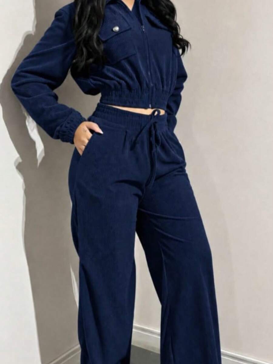 Women's Velvet Pants And Jacket Set - Navy Blue - View 1