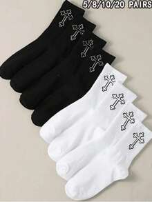 10 pares de calcetines de media caña unisex con patrón de cruz negro y blanco, unicolor minimalista, versátiles para uso diario - Multicolor - Ver 7