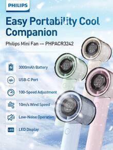 PHILIPS USB Rechargeable Handheld Fan Small Portable Desktop Fan Adjustable 1 To 100 Wind Power Display Power Summer Camping Travel Outdoor Indoor Tools, 3000mAh Battery, 158g, Lightweight And Convenient - Multicolor - View 12