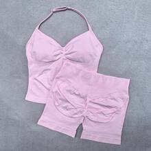 Conjunto de Yoga de 2 piezas para mujer, camiseta sin mangas con tiras ajustables sin costuras, pantalones cortos deportivos, ropa de gimnasio, trajes de entrenamiento de verano para mujer - Conjunto azul marino - Ver 2
