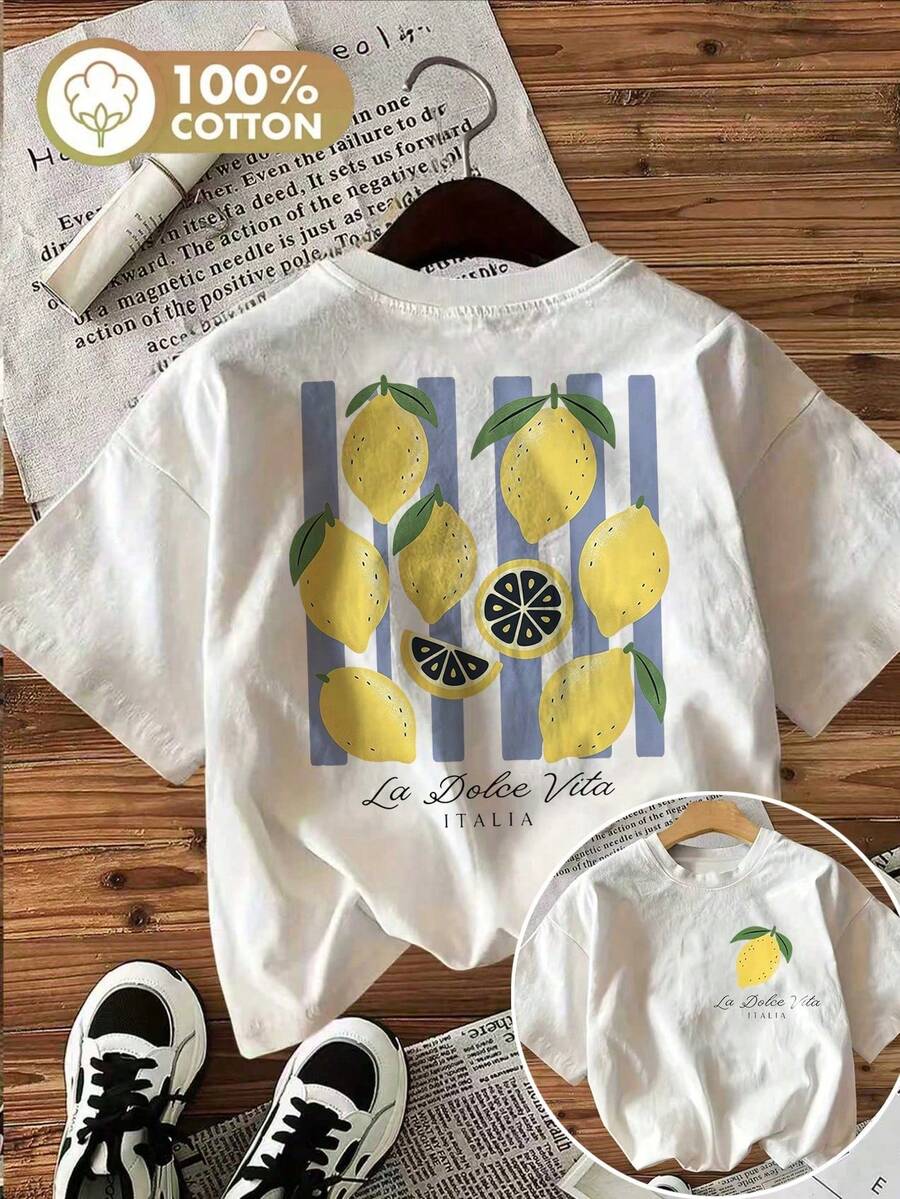 Lemon Stripe Print Oversized T-Shirt, 100% Cotton, Y2K Retro Casual Top For All Occasions